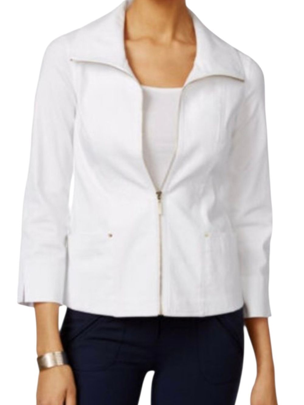 White Stretch Zip Front Jacket 12 3/4 Sleeve Nautical Golf Resort Coastal Tennis